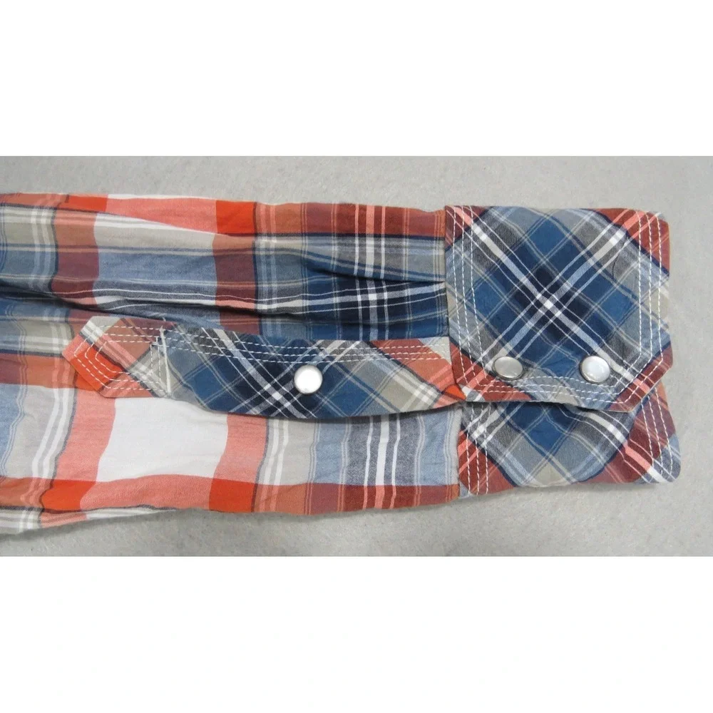 True Religion Premium Western Plaid Pearl Snap Shirt Men XL Red Blue Flap Pocket